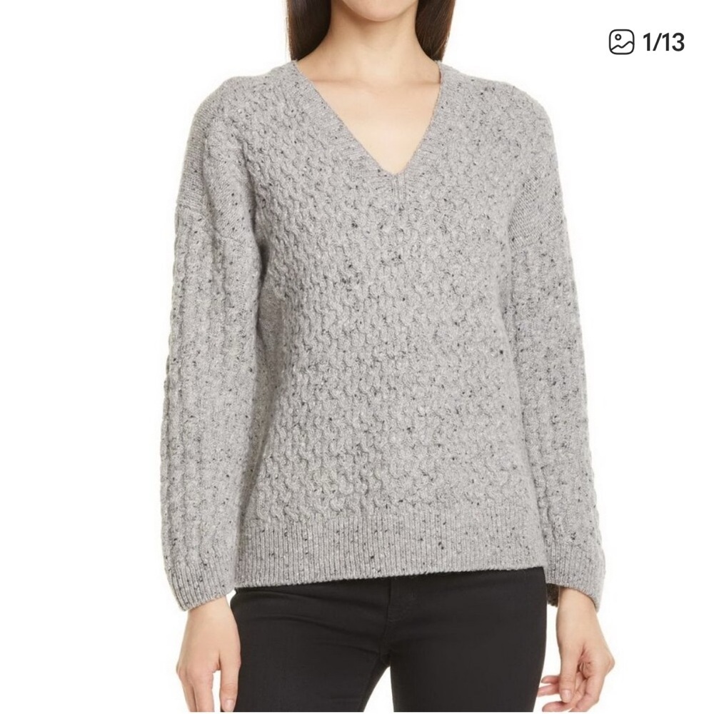 VINCE Mini Cable Knit V-neck Merino Wool Blend Sweater In Light Mist M